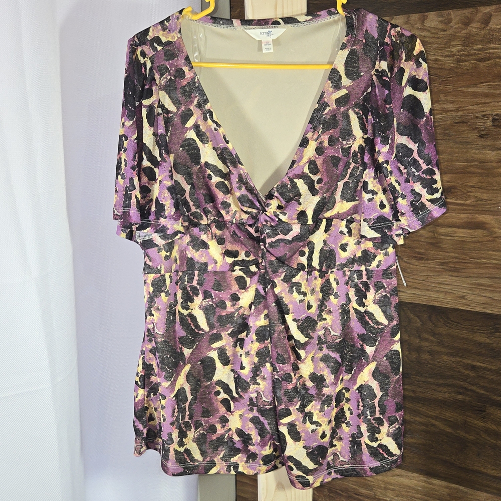 #41 Terra & Sky Twist Front Purple‎ and Pink Mesh Top Blouse Size 1X